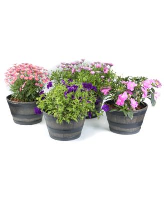 Rustic Wood- Look Plastic Half Barrel Flower Pot Bucket Planter, Pack of 4