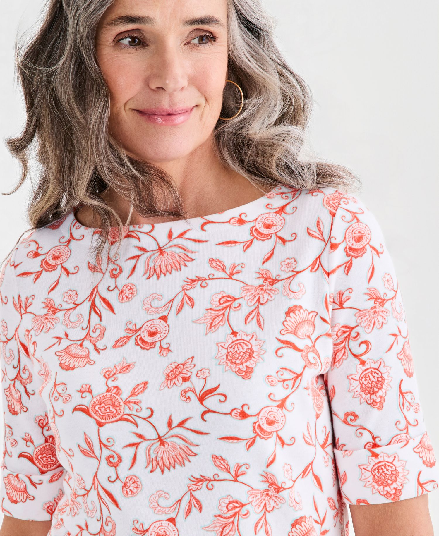 Petite Elbow-Sleeve Fresh Paisley Print Boat Neck Top
