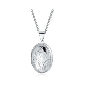 Vintage Style Floral Design Small Oval Shape Photo Locket Necklace Pendant Sterling Silver
