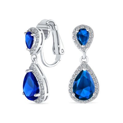Bridal Halo Cubic Zirconia CZ Double Solitaire Teardrop Dangle Clip On Earrings Rose Gold Plated