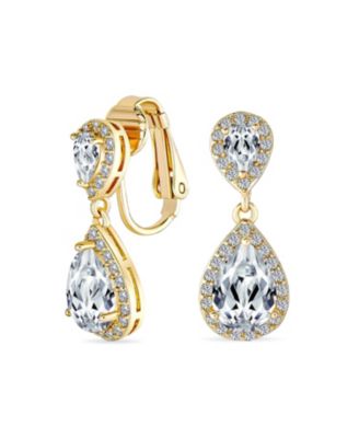 Cocktail Cubic Zirconia CZ Double Solitaire Teardrop Dangle Earrings Gold Plated
