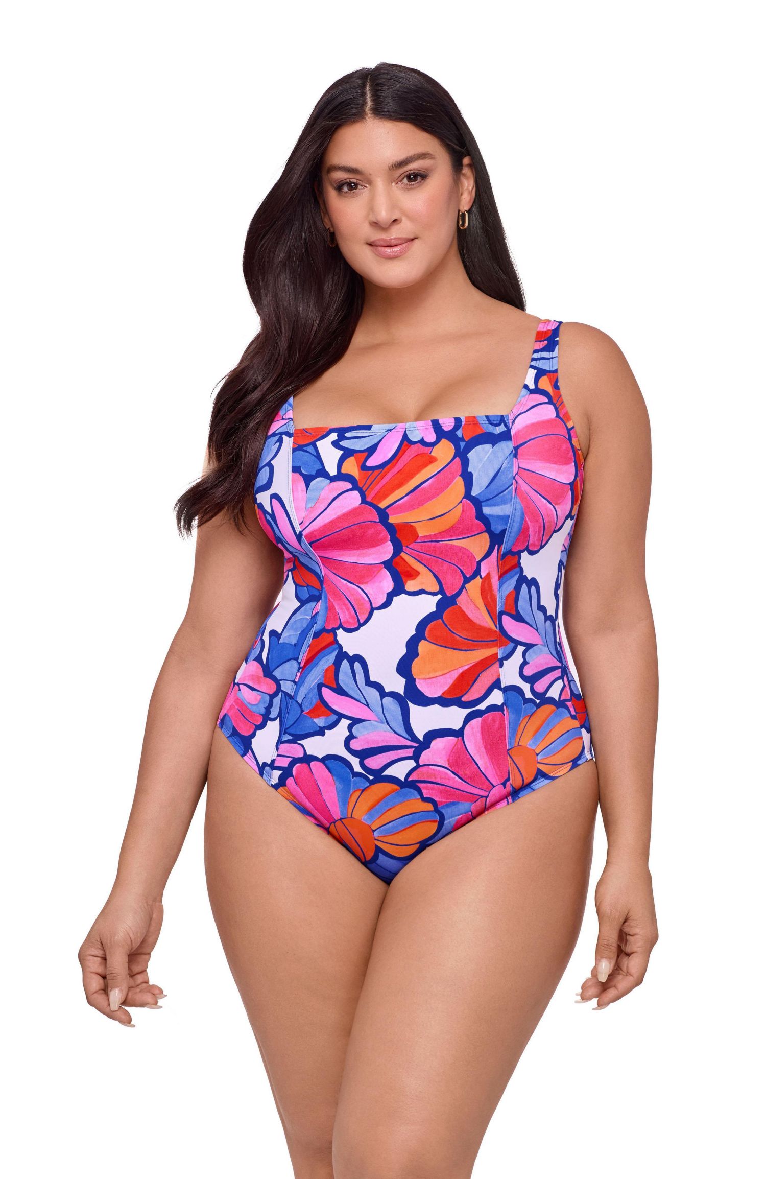 Women's Smoothing and Sculpting Square-Neck Lace-Up Back One-Piece Swimsuit