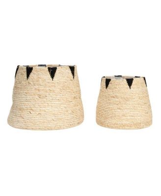 Round Handwoven Corn Leaf Basket Set of 2 with Plastic Liner, Natural with Black Accents