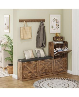 Rustic Entryway Shoe Cabinet with Bench, 4 Flip Drawers and Adjustable Seat