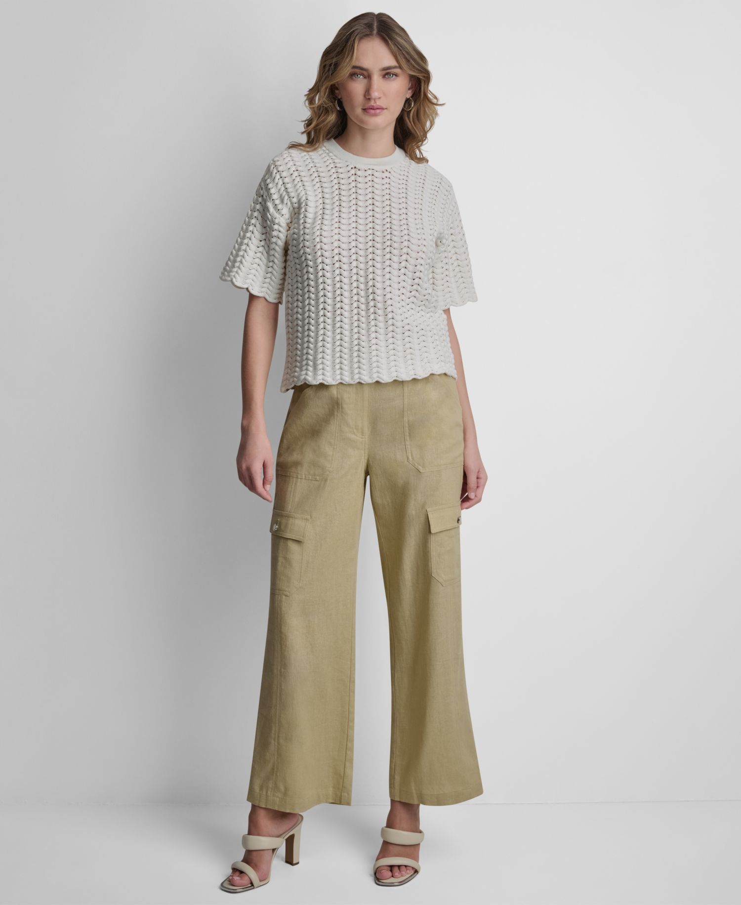 Women's Short-Sleeve Open Lattice Stitch Sweater