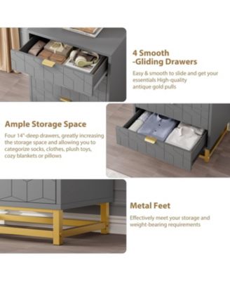 Modern 4 Drawer Dresser, Wide Chest with Gold Metal Legs & Handles, Wood Storage Organizer for Bedroom