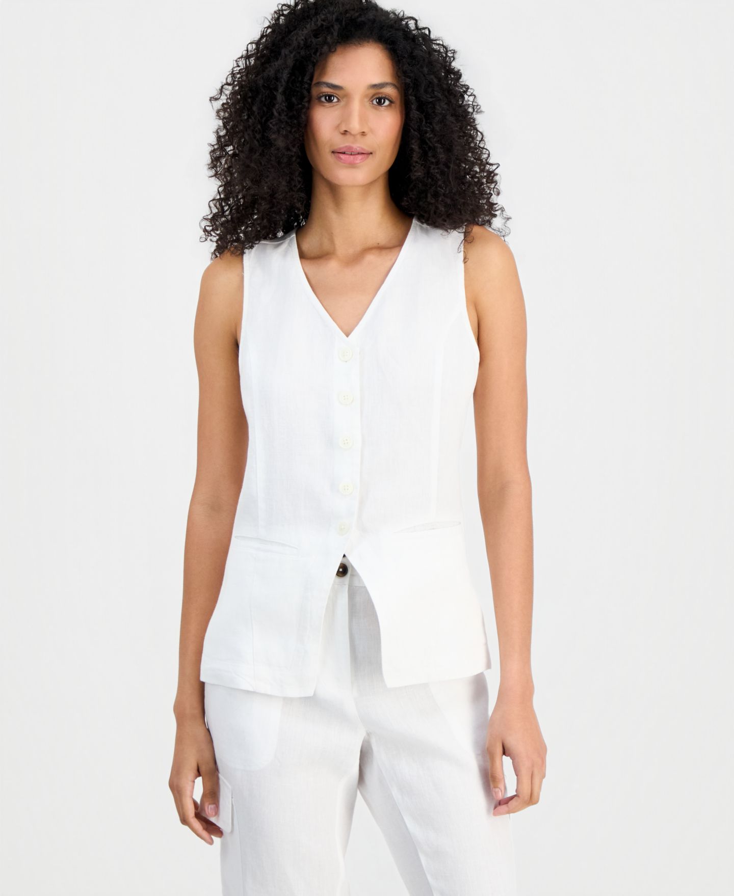 Женский жилет Charter Club Linen V-Neck Button-Front, цвет: Яркий белый — фото 1