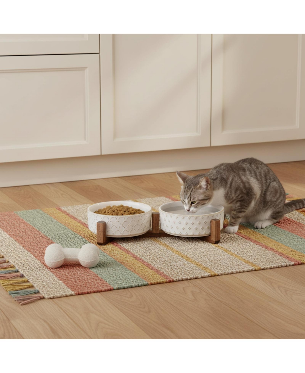 Aronkl Ceramic Dog Bowl Set with Wood Stand Dual Food Water Weighted Non-Slip Base