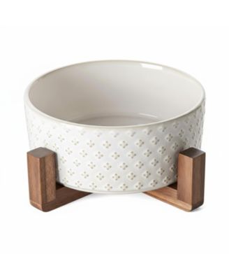 Ceramic Dog Bowl Set with Wood Stand Dual Food Water Weighted Non-Slip Base