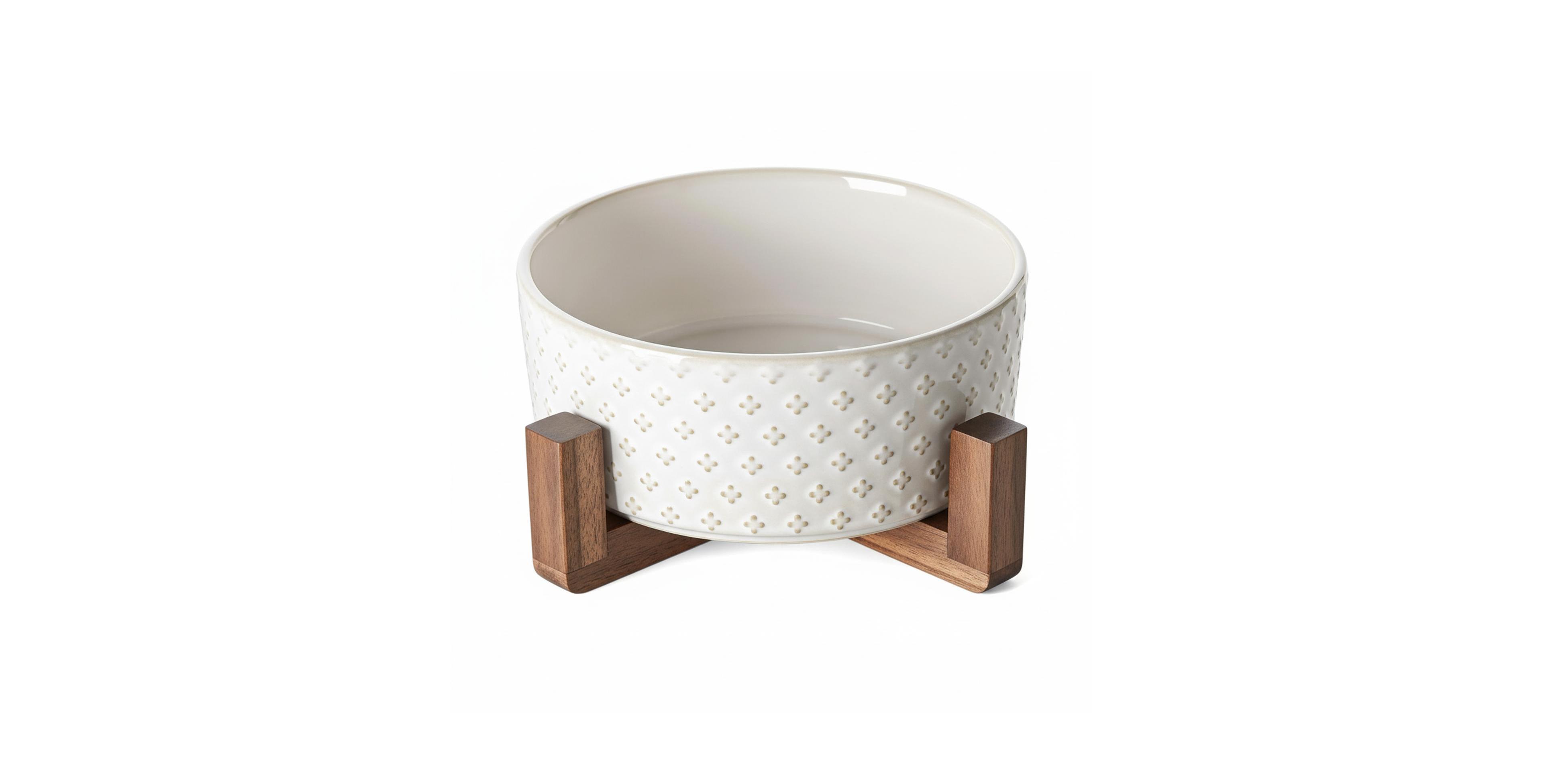 Aronkl Ceramic Dog Bowl Set with Wood Stand Dual Food Water Weighted Non-Slip Base