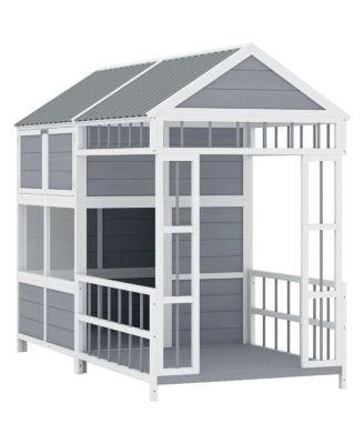 Large Outdoor Gray Wooden Dog House with Covered Porch, Waterproof Roof, Elevated Pet Kennel Shelter for Large Dogs