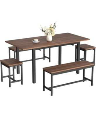 5-Piece 63" Modern Extendable Dining Table Set with 2 Benches and 2 Square Stools