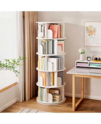 5 Tier Wooden Rotating Round Spinning Bookshelf Tower Storage Organizer