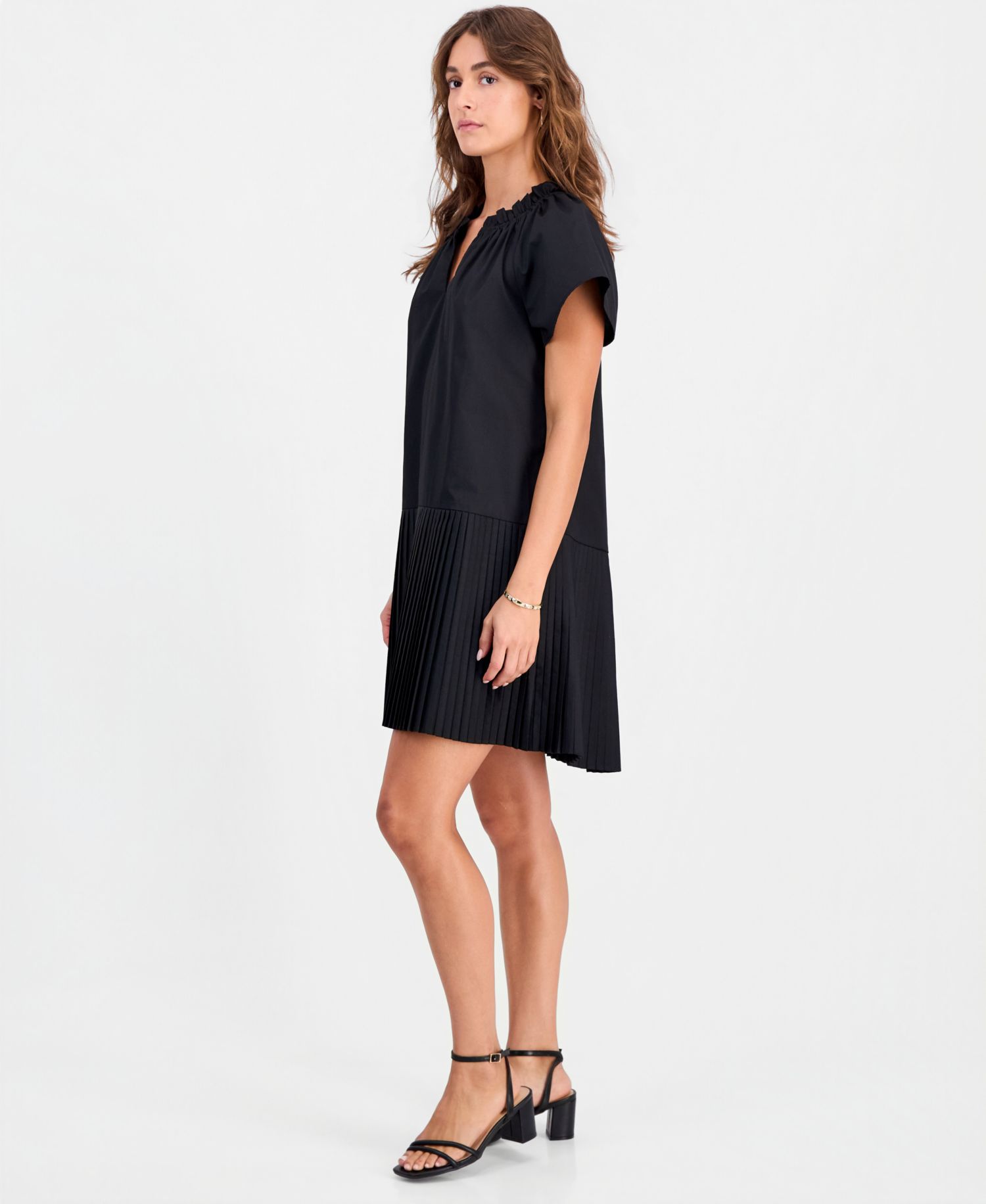 Petite Puff-Sleeve Short-Sleeve Pleat-Hem Dress