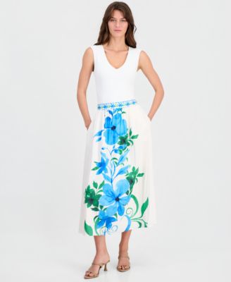 Women's Placed-Floral Pull-On Midi Skirt