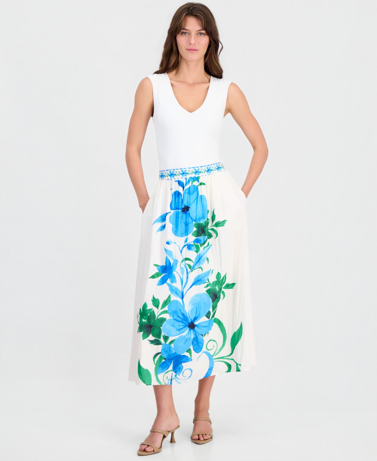 Women's Placed-Floral Pull-On Midi Skirt