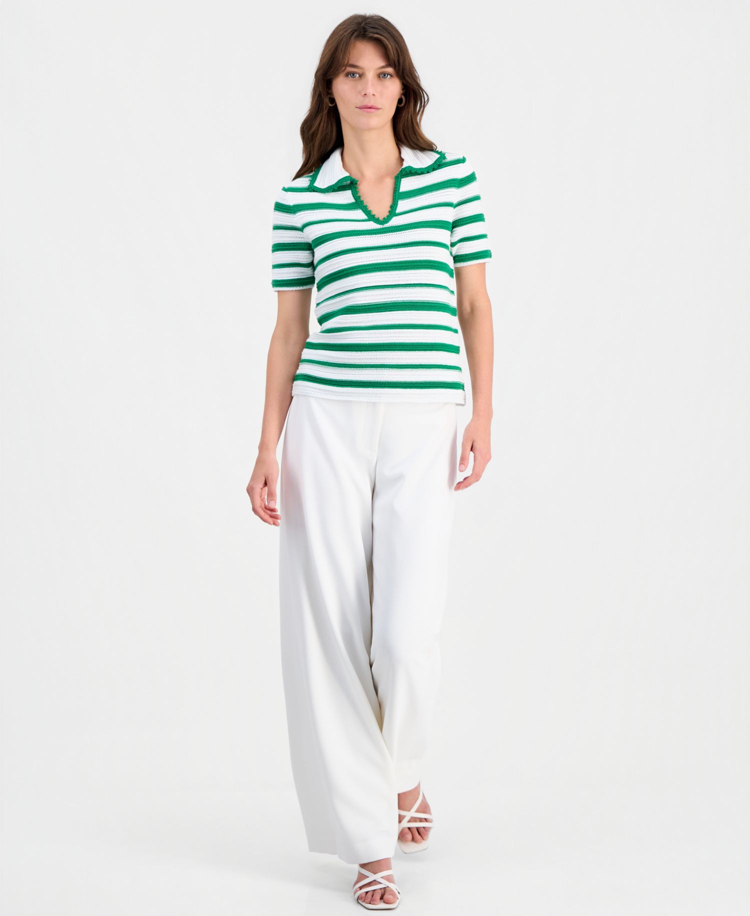 Women's Striped Split-Neck Collared Top