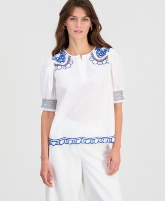 Women's Cotton Embroidered-Trim Split-Neck Top