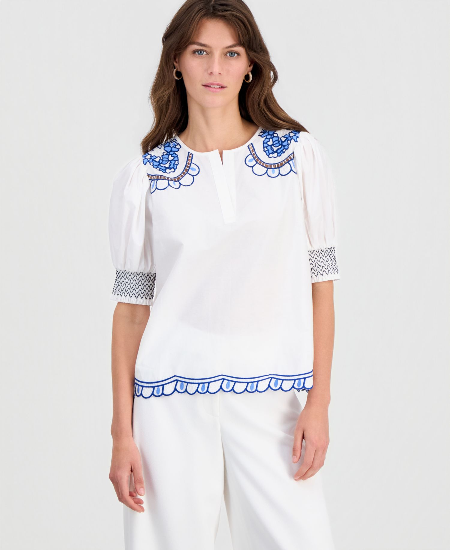 Women's Cotton Embroidered-Trim Split-Neck Top