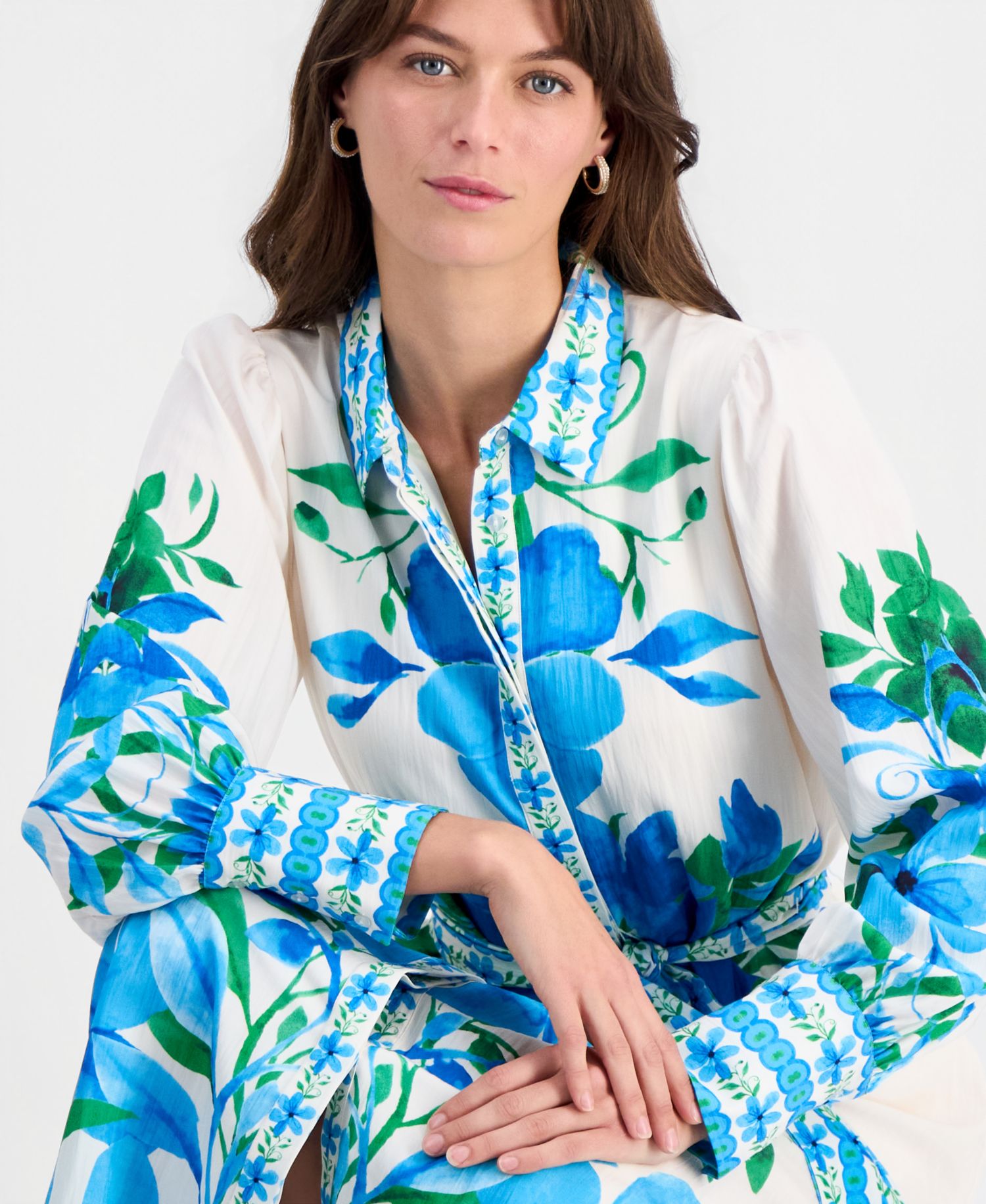 Women's Printed Tie-Waist Button-Down Maxi Dress
