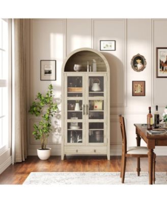 Tall Arched Kitchen Pantry Cabinet, Modern Farmhouse Kitchen Storage Cabinets with LED Lights, Arched Cabinet with Open & Adjustable Shelves