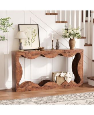 Slim Farmhouse Console Table for Entryway, 2-Tier Wood Scalloped Sofa Table with Storage Shelf