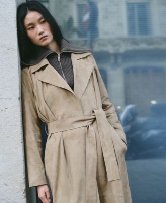 Women's Leather Suede Belted Trench Coat