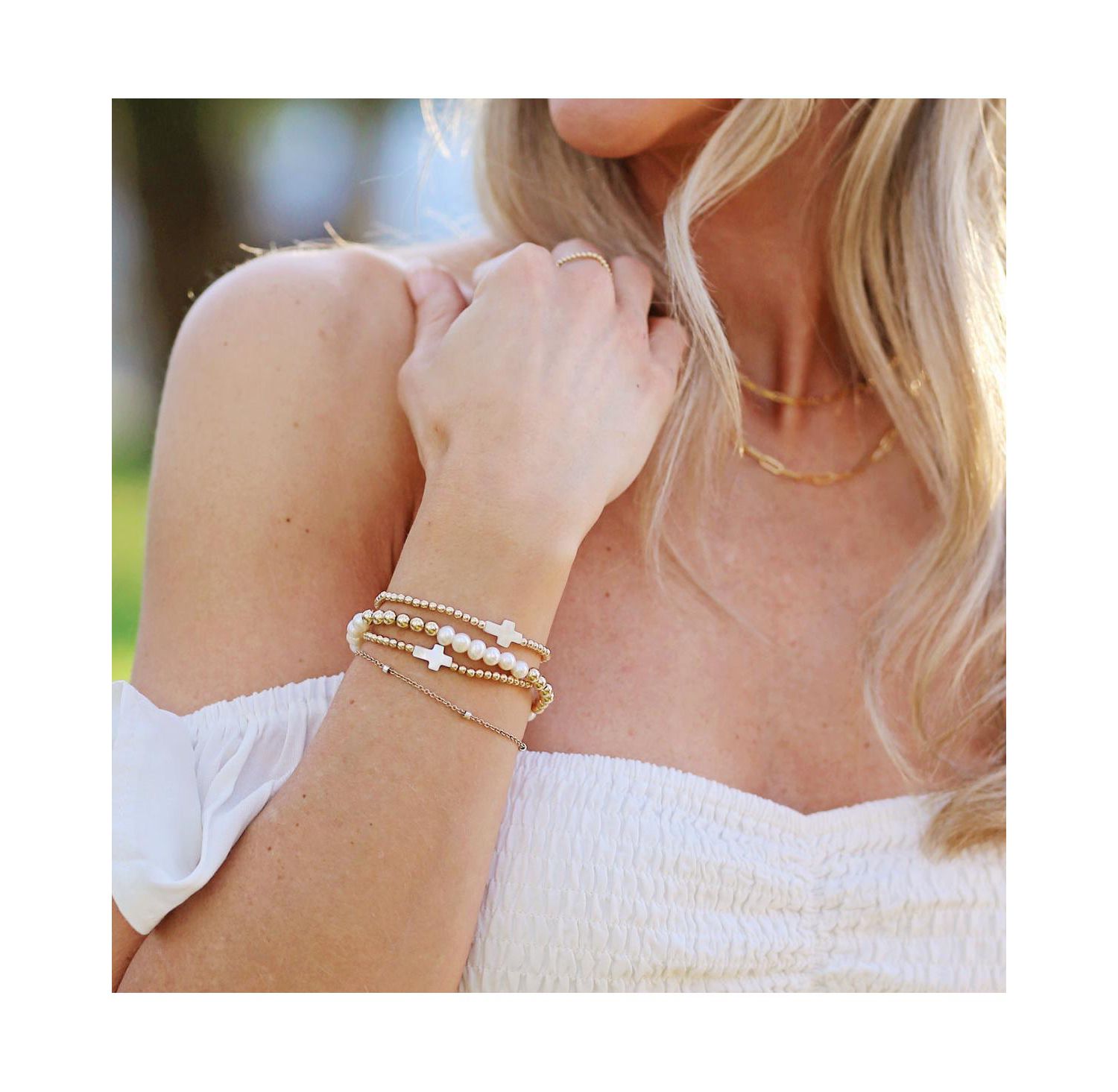 3mm Gold Filled Ball and Mother Of Pearl Cross Stretch Bracelet