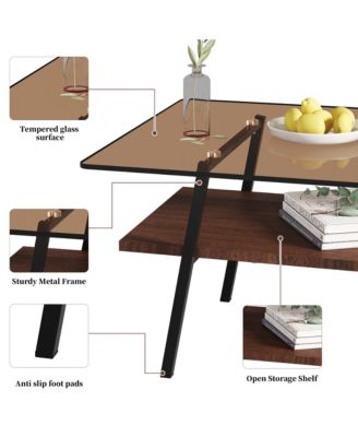 Rectangle Coffee Table, 2 Tier Center Table with Clear Tempered Glass Top and Metal Legs for Living Room
