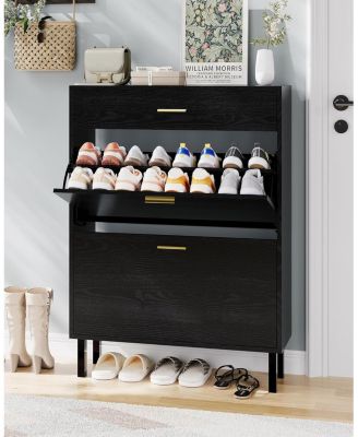 Narrow Freestanding Wooden Shoe Cabinet  Drawers and Adjustable Shelves