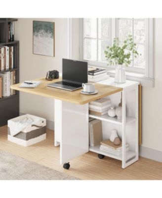 Folding Dining Table Drop Leaf Table for Small Spaces, Versatile Collapsible Dinner Kitchen Office Table with 2 Storage Racks