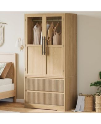 Armoire Wardrobe Closet with 2 Glass Doors and 2 Fluted Drawers, Wooden Wardrobe Storage Cabinet Closet with Hanging Rod and Shelves