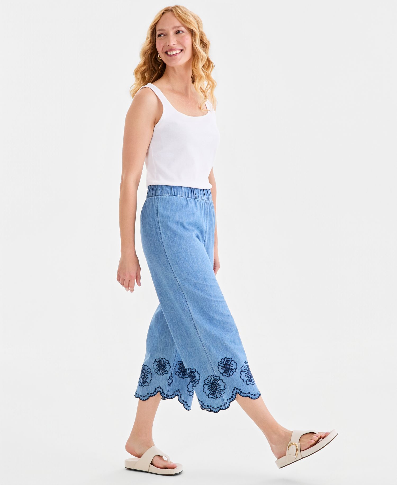 Women's Cotton Chambray Embroidered-Hem Capri Pants