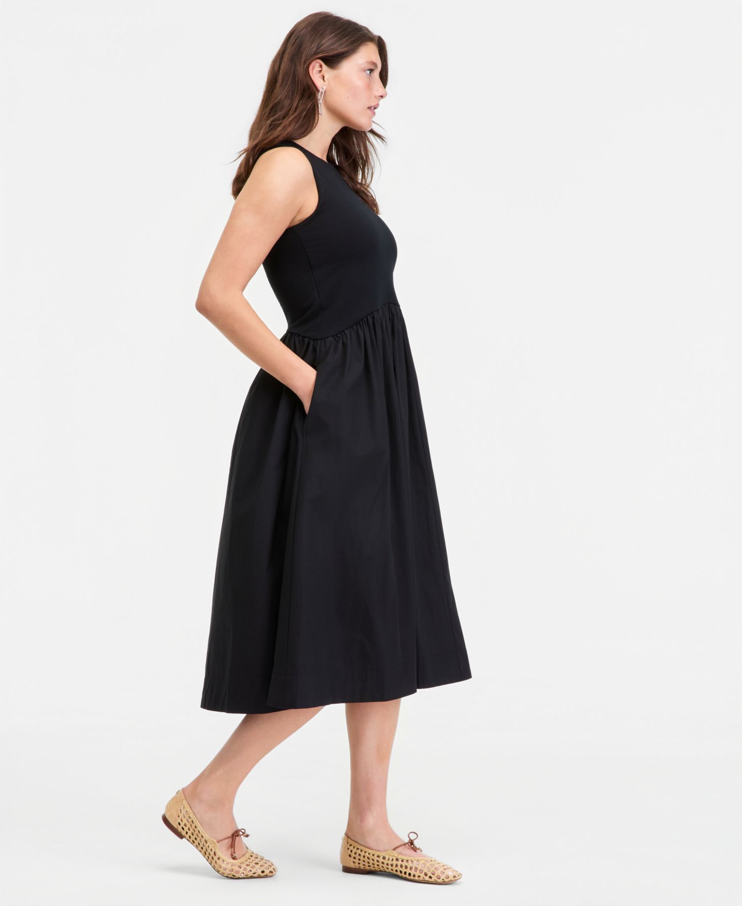 Women's Curved-Waist Mixed-Media Midi Dress