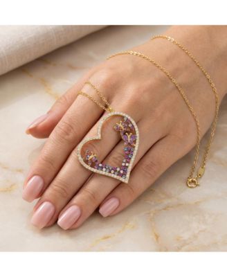 Sparkling 14K Gold Plated Multi Color CZ Heart Necklace