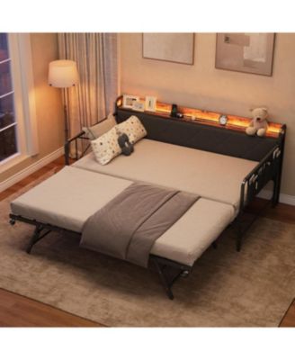 Twin Daybed with Trundle and LED Lights, Upholstered Headboard with Charging Station, Sofa Bed for Living Room or Bedroom