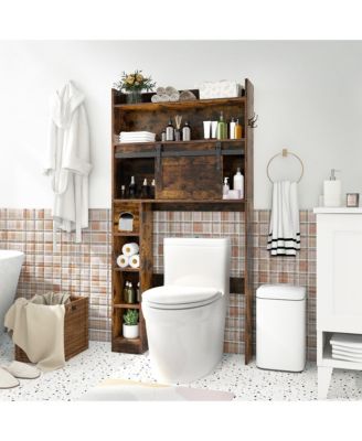 Over The Toilet Storage Cabinet w/ Sliding Barn Door Adjustable Shelves 2 Hooks