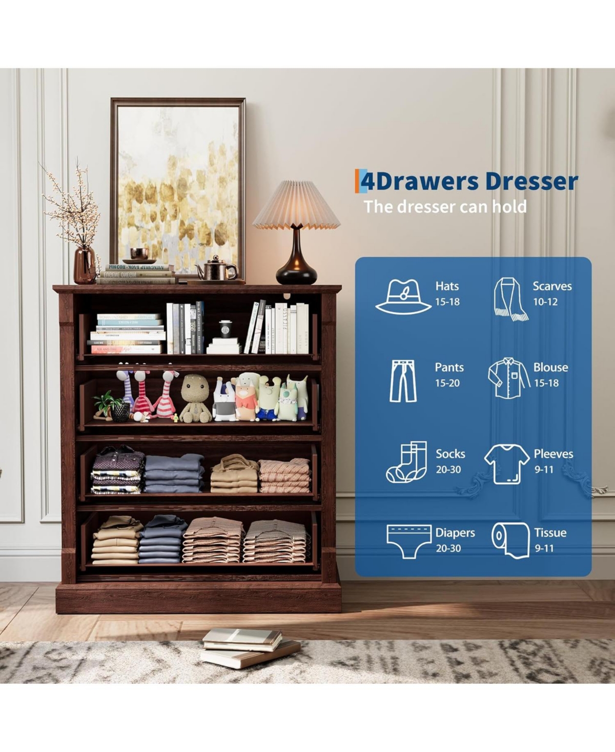 gaomon 4 Drawer Farmhouse Dresser for Bedroom, with Metal Handles
