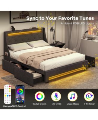 Queen Size Upholstered Platform Bed Frame with LED Lights and Charging Station