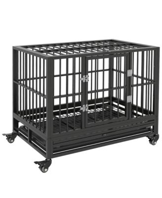 36" Heavy Duty Metal Dog Cage – Double Door Kennel with Lockable Wheels & Removable Tray