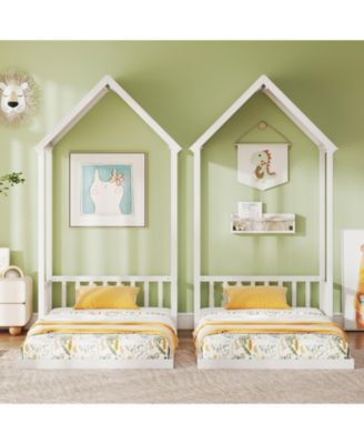 Twin Size House Bed with House Shape Roof and Semi-Fence