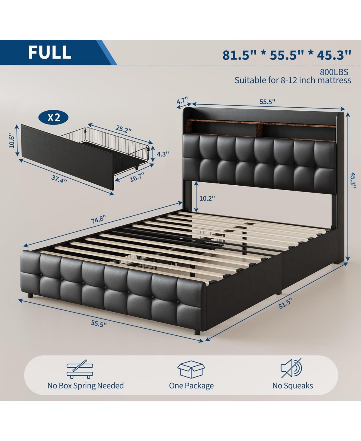 gaomon Bed Frame with 2 Storage Drawers, Upholstered Full Led Light