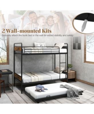 Twin Over Twin Metal Bunk Bed with Trundle, Ladder & Full Length Guardrails