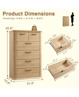 Modern 6 Drawer Dresser 45 Tall with Curved Profile Wood Fluted Chest for Bedroom Living Room Entryway