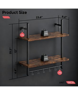 24" Floating Wall Shelves 2 Tier Industrial Coffee Bar With 8 Hooks Towel Bar