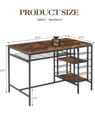 Dining Table Set for 4, 47.2" Rectangular Table with 2 Benches, Metal Frame, Wine Rack, 2-Tier Shelf, Vintage