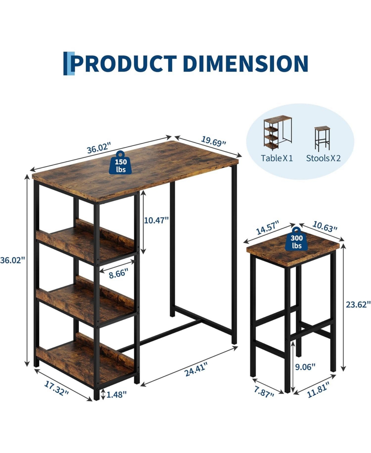 gaomon Counter Height Dining Table Set with Storage & 2 Bar Stools, 3-Piece Wooden Kitchen Table for Small Spaces