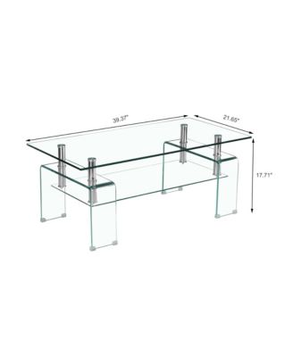 Rectangle 2-Tier Glass Coffee Table, Modern Small Center Table with Storage and Metal Legs for Living Room, Home Office