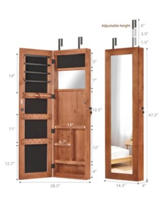 Solid Wood Jewelry Armoire Organizer Cabinet with Full-Length Mirror Wall-Mounted Lockable with LED Light 47.5x14.3 in