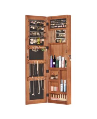 Solid Wood Jewelry Armoire Organizer Cabinet with Full-Length Mirror Wall-Mounted Lockable with LED Light 47.5x14.3 in